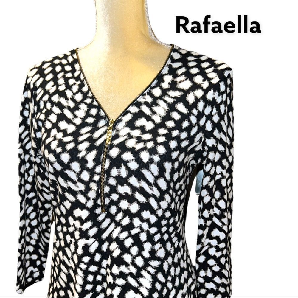 Rafaella black and white print partial zip front cotton 3/4 sleeved top